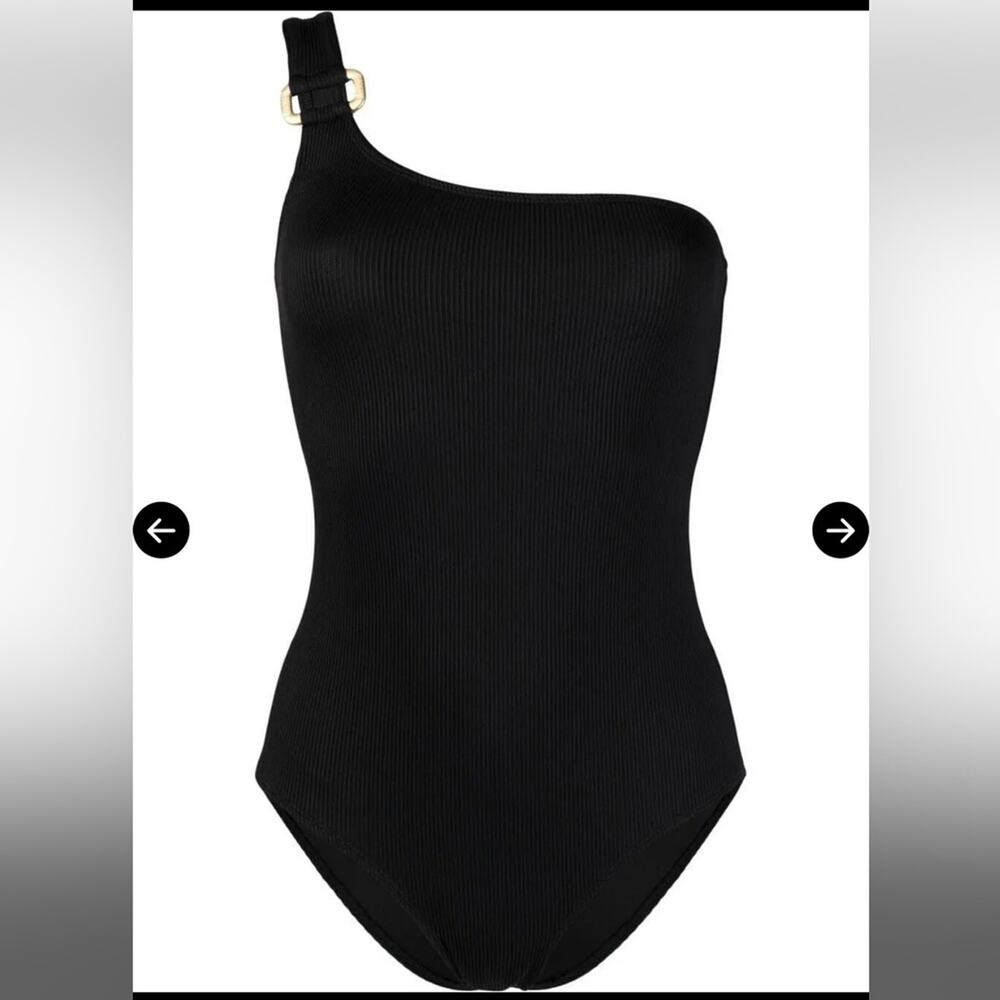 Wolford Black Ribbed One Shoulder Gold Hardware Swimsuit Medium